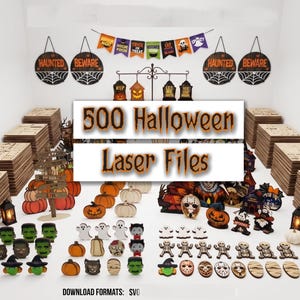 Può includere: Una collezione di 500 file laser per Halloween con sagome in legno di zucche, fantasmi, scheletri, mostri e insegne. Il set include striscioni appesi, targhe circolari da parete con ragnatele e varie piccole figure decorative.