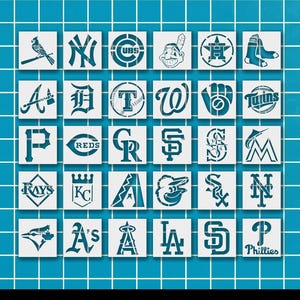 All 30 Baseball Team Stencil, 4x4, Reusable Baseball Team Logo Template for color, draw, paint, air brush, spray paint, sports Wall Stencil