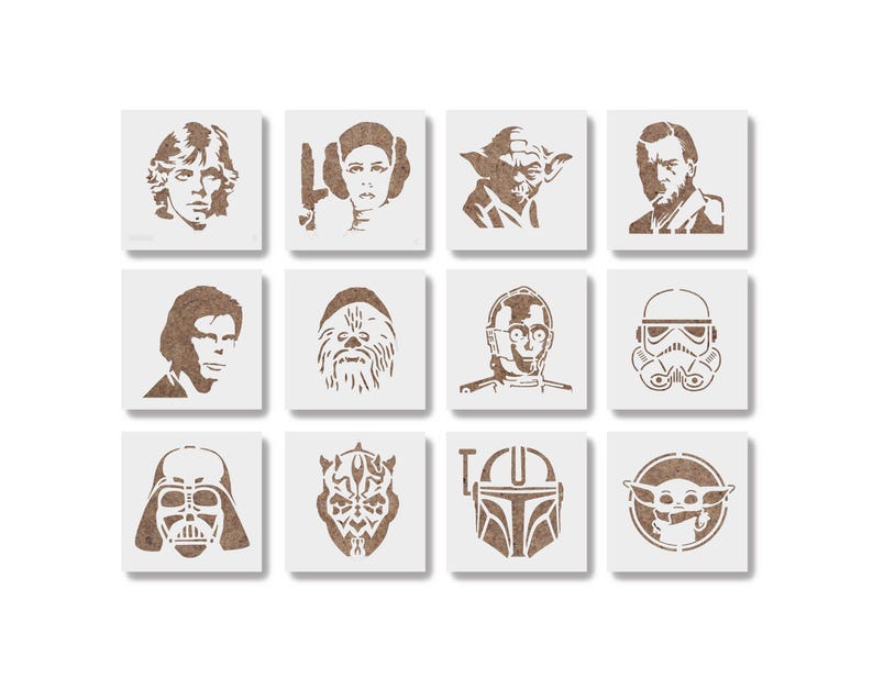 May include: A collection of twelve square stencils featuring iconic characters from the Star Wars franchise. The stencils are in a brown color and include portraits of Luke Skywalker, Princess Leia, Yoda, Darth Vader, and others. The stencils are arranged in a grid.