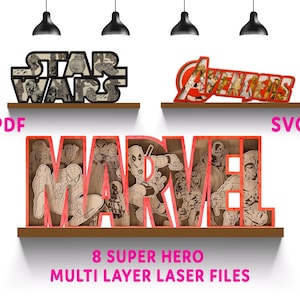 Laserskärningsfiler för superhjältar - laserprojekt för filmlogotyper - laserskärningsfiler för tecknade serier - konstverk i flera lager för alla laserskärare