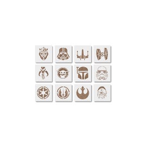 May include: A collection of twelve brown stencils featuring iconic Star Wars characters and symbols. The designs include Darth Maul, Darth Vader, X-wing, TIE fighter, Boba Fett, and Chewbacca, among others. The stencils are arranged in a grid pattern.