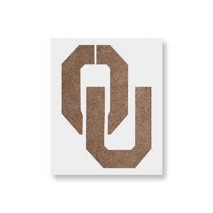 May include: A brown stencil featuring the interlocking letters "OU" on a white background. The letters are in a bold, geometric font, with a cutout design. The stencil is likely used for painting or crafting.