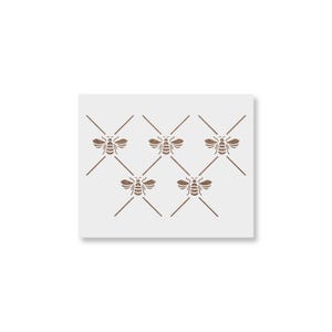 May include: A square stencil featuring a repeating pattern of bees within a diamond grid. The bees and grid lines are a warm brown color against a white background. The design is simple and suitable for various craft projects.