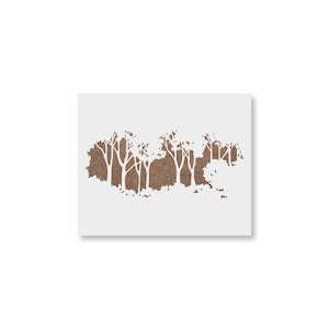 May include: A brown and white stencil featuring a forest scene. The design shows a line of trees with detailed branches and foliage, set against a brown background. The stencil is on a white square.