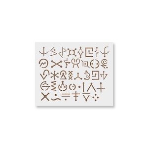 May include: A white square stencil featuring a series of brown, stylized symbols. The symbols are arranged in a grid-like pattern, with various shapes including arrows, circles, and geometric forms. The stencil is designed for crafting or artistic projects.