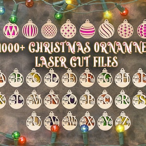 May include: Wooden Christmas ornaments with laser-cut designs and letters of the alphabet. The image also features decorative Christmas lights and the text "1000+ CHRISTMAS ORNAMENTS LASER CUT FILES".