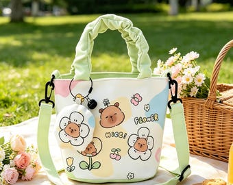 Bolso bandolera Kawaii Bear, bolso cubo de lona bonito con monedero, bolso de hombro floral de dibujos animados, bolso tote japonés Harajuku, regalo para niñas