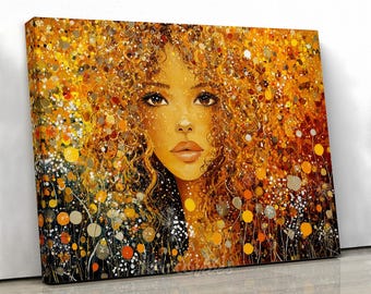 Golden Curly Hair Woman Canvas Wall Art Portrait Print