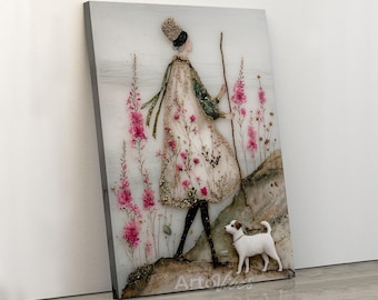 Whimsical Floral Woman Walking Dog Canvas Wall Art Decor