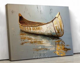 Golden Canoe Reflection Wall Art Neutral Lake Painting