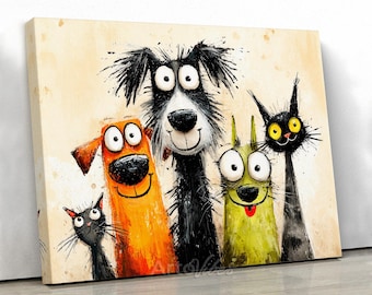 Funny Cat and Dog Friends Canvas Wall Art Whimsical Decor