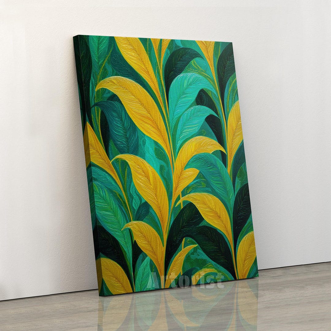 Tropical Botanical Leaf Wall Art in Teal Green and Yellow Decor - Etsy