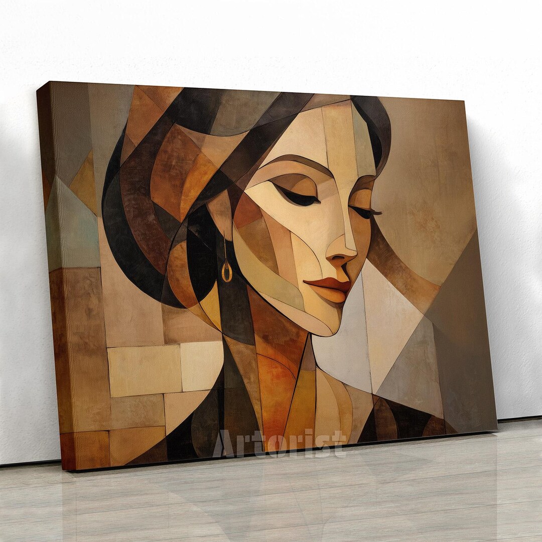 Cubist Woman Portrait Canvas Wall Art in Warm Neutral Tones - Etsy