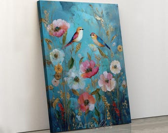 Floral Birds Canvas Wall Art Botanical Nature Decor Print