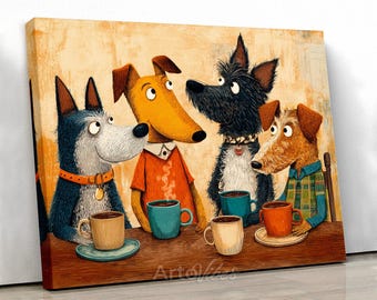 Whimsical Dog Coffee Club Canvas Wall Art Animal Gathering