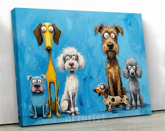 Whimsical Cartoon Dog Portraits on Blue Canvas Artwork Art