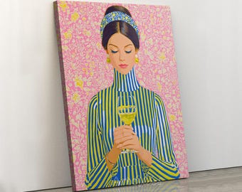Elegant Fashion Portrait with Wine Glass Canvas Wall Art