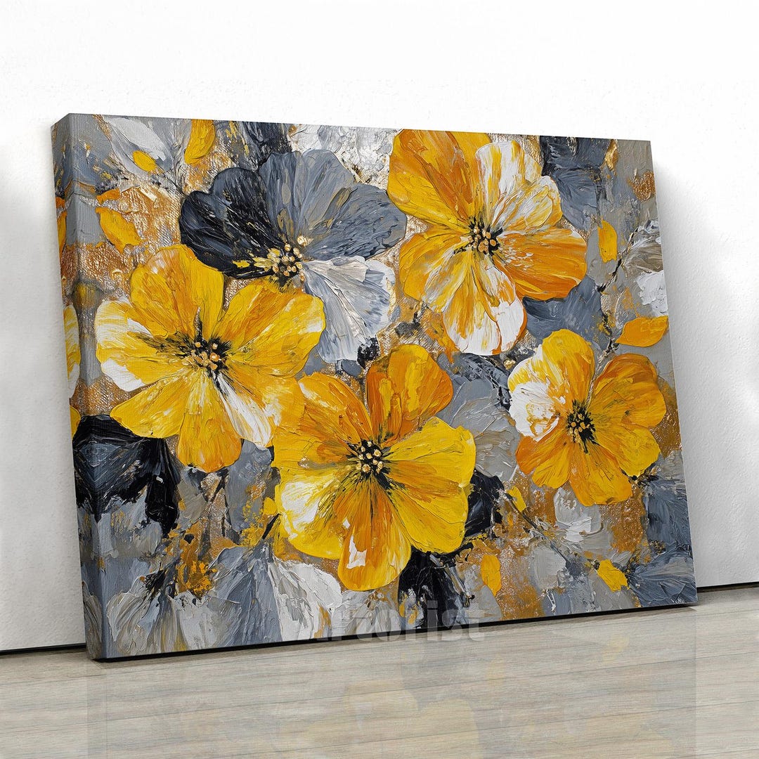 Yellow Floral Abstract Painting Modern Gray Canvas Wall Art - Etsy
