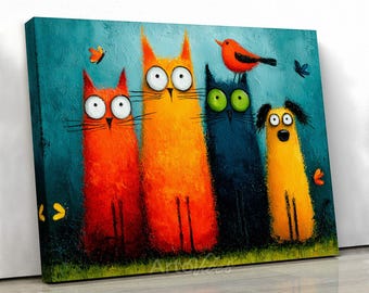Whimsical Cat and Dog Family Canvas Wall Art Animal Decor