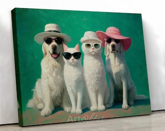 Stylish Pet Family Canvas Wall Art Funny Animal Portrait Decor