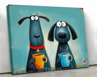 Funny Dog Coffee Art Cartoon Animal Canvas Wall Decor Print