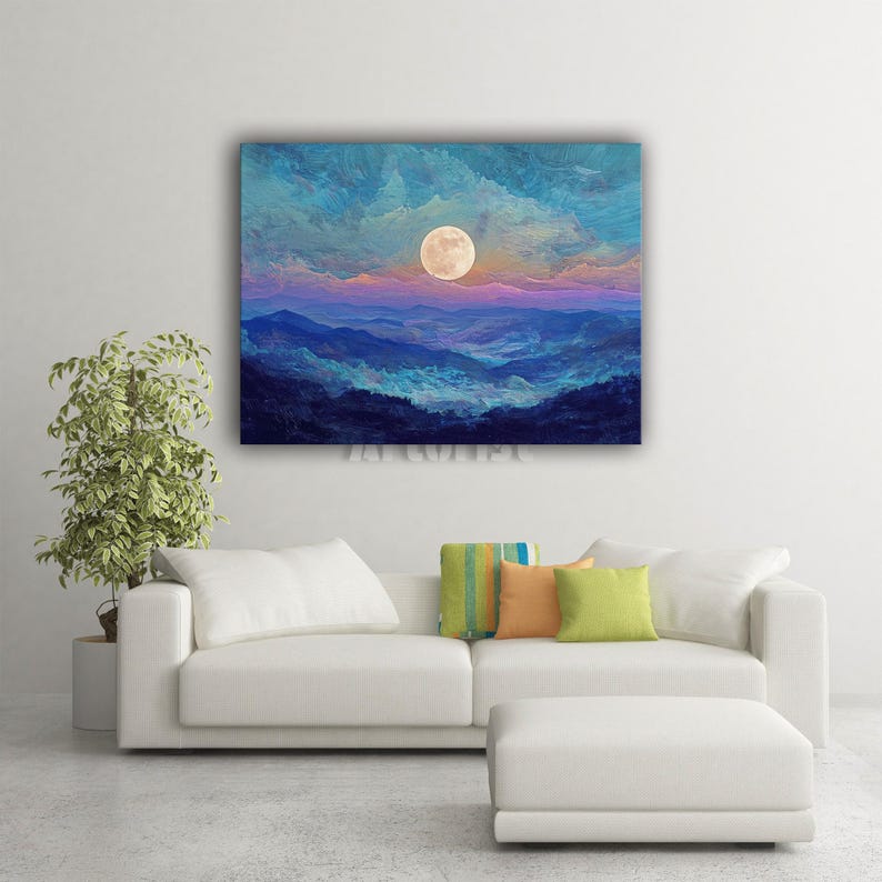 Moonlit Mountain Landscape Canvas Wall Art Blue Abstract Sky - Etsy