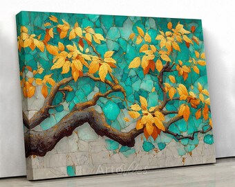 Golden Leaves Tree Canvas Wall Art Teal Nature Painting