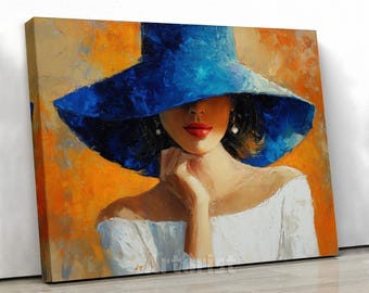 Elegant Woman Portrait Canvas Art With Blue Hat Wall Decor