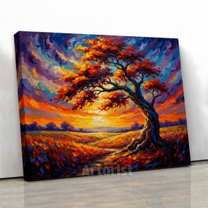 May include: A vibrant landscape painting depicts a tree with red and orange leaves against a sunset sky. The artwork features a textured, impressionistic style with bold brushstrokes and a palette of warm colors, including orange, yellow, and blue.