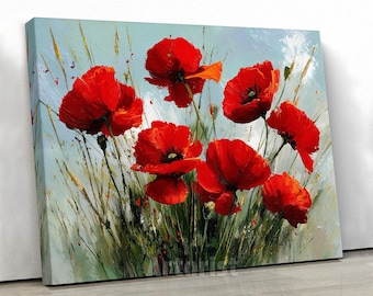 Red Poppy Flowers Meadow Impressionist Canvas Wall Art