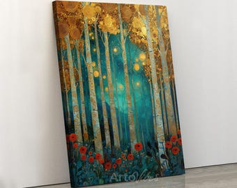 Golden Forest Canvas Wall Art Teal Nature Landscape Decor