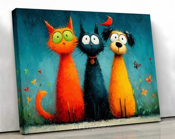 Whimsical Cat and Dog Friends Colorful Animal Wall Art