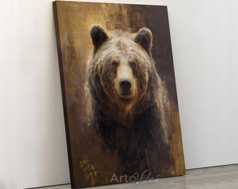 Rustic Brown Bear Wildlife Canvas Wall Art for Cabin Decor