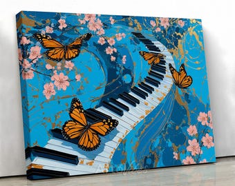 Butterfly Piano Melody Canvas Wall Art Floral Music Decor