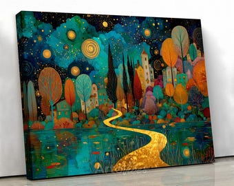 Enchanting Starry Village Landscape Canvas Wall Art Decor