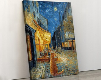 Starry Night Cafe Street Cat Canvas Art Blue City Wall Decor
