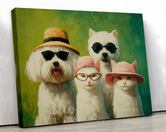 Dogs and Cats Portrait Canvas Wall Art: Whimsical Pet Painting Decor
