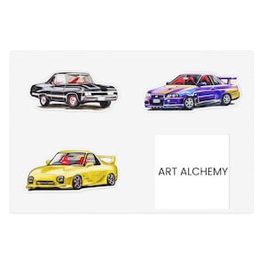 May include: A sticker sheet with three car illustrations: a black classic car, a purple and blue sports car, and a yellow sports car. The text "ART ALCHEMY" is in a white rectangle.