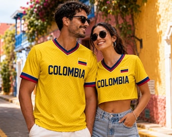 Colombia Jersey Couple Shirt, Custom Name Number Soccer Jersey, Men Regular & Women Crop Top, Colombia Fan Gift, Matching Game Day Outfit