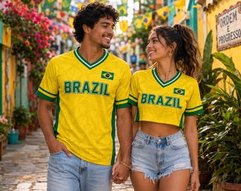 Personalized Brazil Couple Jerseys, Matching Soccer Shirt Set, Men Jersey & Women Crop Top, Custom Name Number, Brazil Fan Outfit Gift