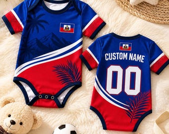 Haiti Baby Bodysuit, Personalized Soccer Onesie, Custom Name Number Jersey, Haiti Football Baby Outfit, Haitian Baby Gift