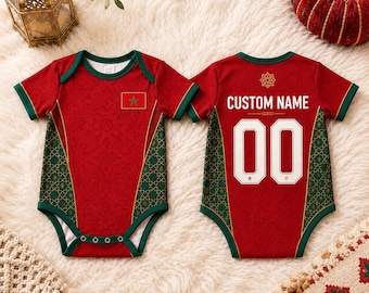 Custom Morocco Inspired Baby Bodysuit, Personalized Name Number Baby Romper, Red Green Infant Jersey Outfit, Baby Shower Gift