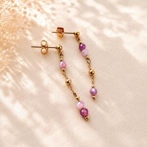 Gold Pink Ruby Long Earrings, Minimal Ruby Earrings, Asymmetric Earrings, Geometric Jewelry, Dainty Everyday Earrings, Gift for Her