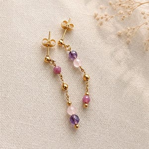 Gold Amethyst & Rose Ruby Earrings, Rose Quartz Earrings, Minimal Long Earrings, Geometric Jewelry, Dainty Everyday Earrings, Gift for Her