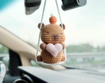 Szydełkowa zawieszka do samochodu z kapibarą, ręcznie robiony wieszak na lustro, uroczy dodatek do samochodu w kształcie zwierzęcia, prezent dla niej, ozdoba z kapibarą, dekoracja lusterka samochodowego