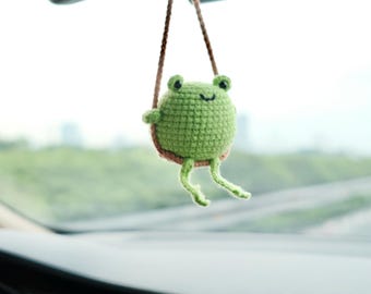 Crochet Frog Mirror Hanger, Handmade Swinging Frog Ornament, Cute Car Decor for Women, Kawaii Frog Gift, Cotton Amigurumi Car Accessory