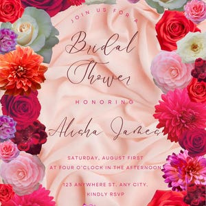 Plantilla de invitación para despedida de soltera con diseño floral / Rosas rojas y rosas (descarga digital, acceso instantáneo)
