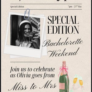Pode incluir: Um cartaz bege intitulado "The Wedding Post" com o texto "Special Edition" e "Bachelorette Weekend". Inclui uma foto de uma mulher segurando taças de champanhe, uma garrafa de champanhe e duas taças de champanhe. O texto diz "Join us to celebrate as Olivia goes from Miss to Mrs."