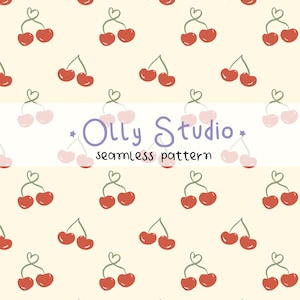 Pode incluir: Um padrão contínuo de cerejas vermelhas com caules verdes em forma de coração sobre um fundo creme claro. O texto Olly Studio seamless pattern está centralizado numa faixa horizontal branca no meio do design de cerejas repetidas.