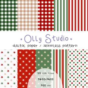 Christmas Seamless Pattern, Seamless Holiday Patterns, Christmas Digital Paper Bundle, Dot Striper Gingham for Christmas Printable Paper Set